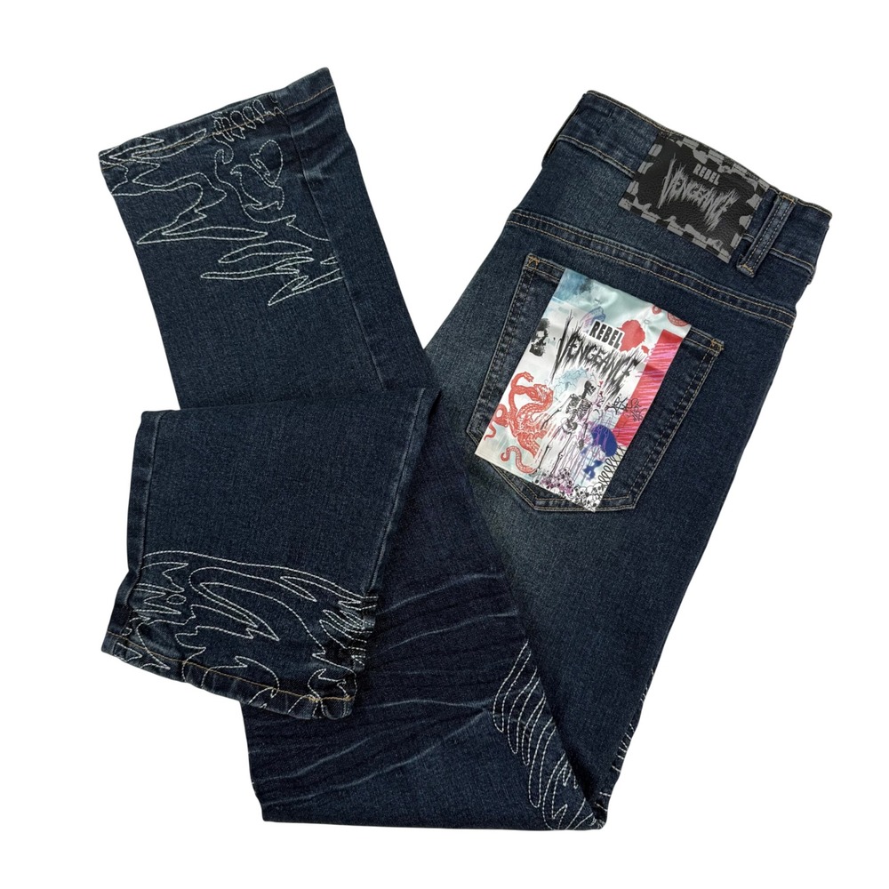 Rebel Vengeance Mens Embroidered Skull Flame Dark Wash Denim Jeans Size 30 NWOT